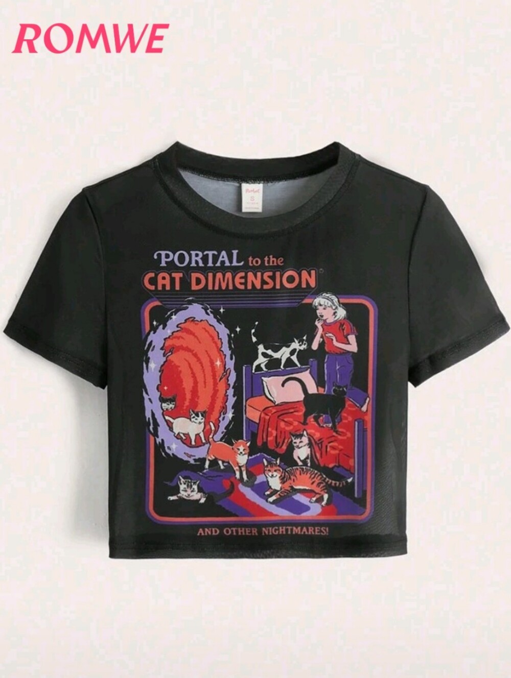 NWOT Black "Portal to the Cat Dimension" Graphic Crop Mesh Tee